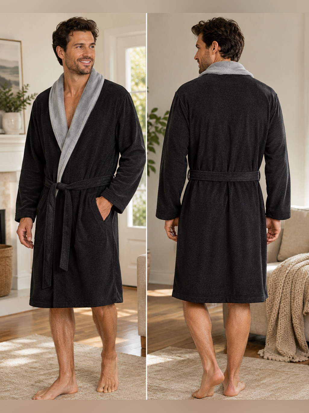 Nwt Ugg Robinson Men’s Robe L/Xl Black Heather Plush Shawl Collar Lounge Spa